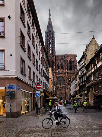 Strasbourg France:Rain: Rayonnant Gothic architecture: Strasbourg Cathedral in background