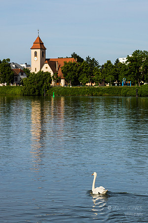 Basel: Rhine River: Protestant Church accross Rhine in France: (Paroisse protestante de Huningue)