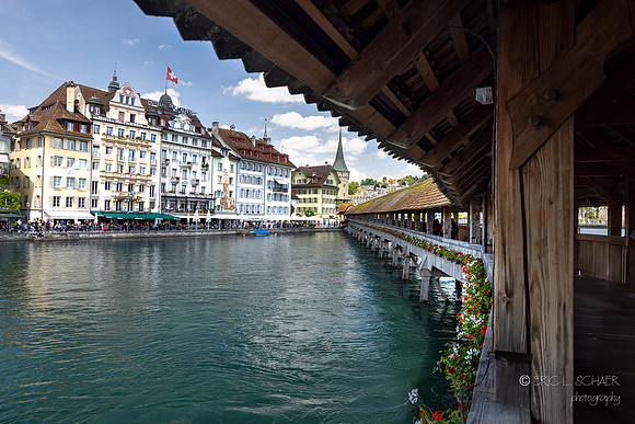 Lucerne: View of Lucernes Rathausquai- a scenic promenade along Reuss River: Photo taken from Chapel Bridg