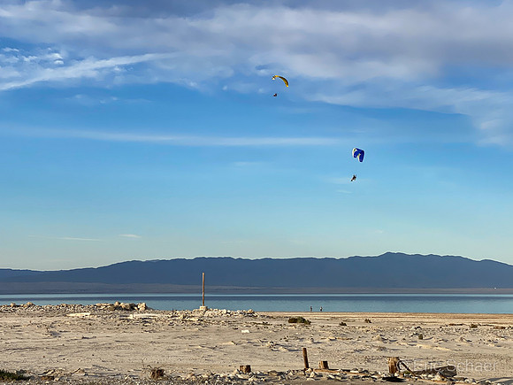 Cell Phone Image- Salton Sea Beach- Paramotor's in sky