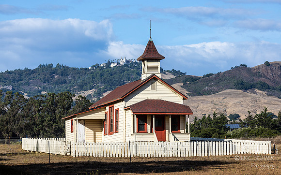 San Simeon- Old School House- Hearst Castle in background