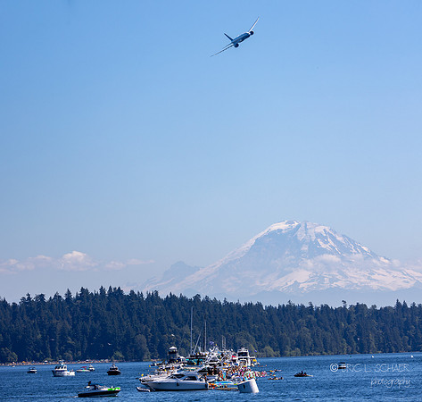 Boeing 777X Aircraft over Lake Washington- Mt. Rainier Background